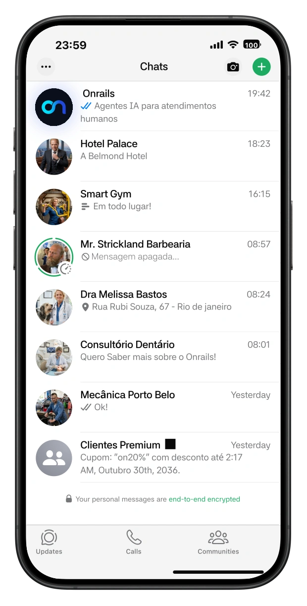 Lista de conversas do WhatsApp com atendimento OnRails